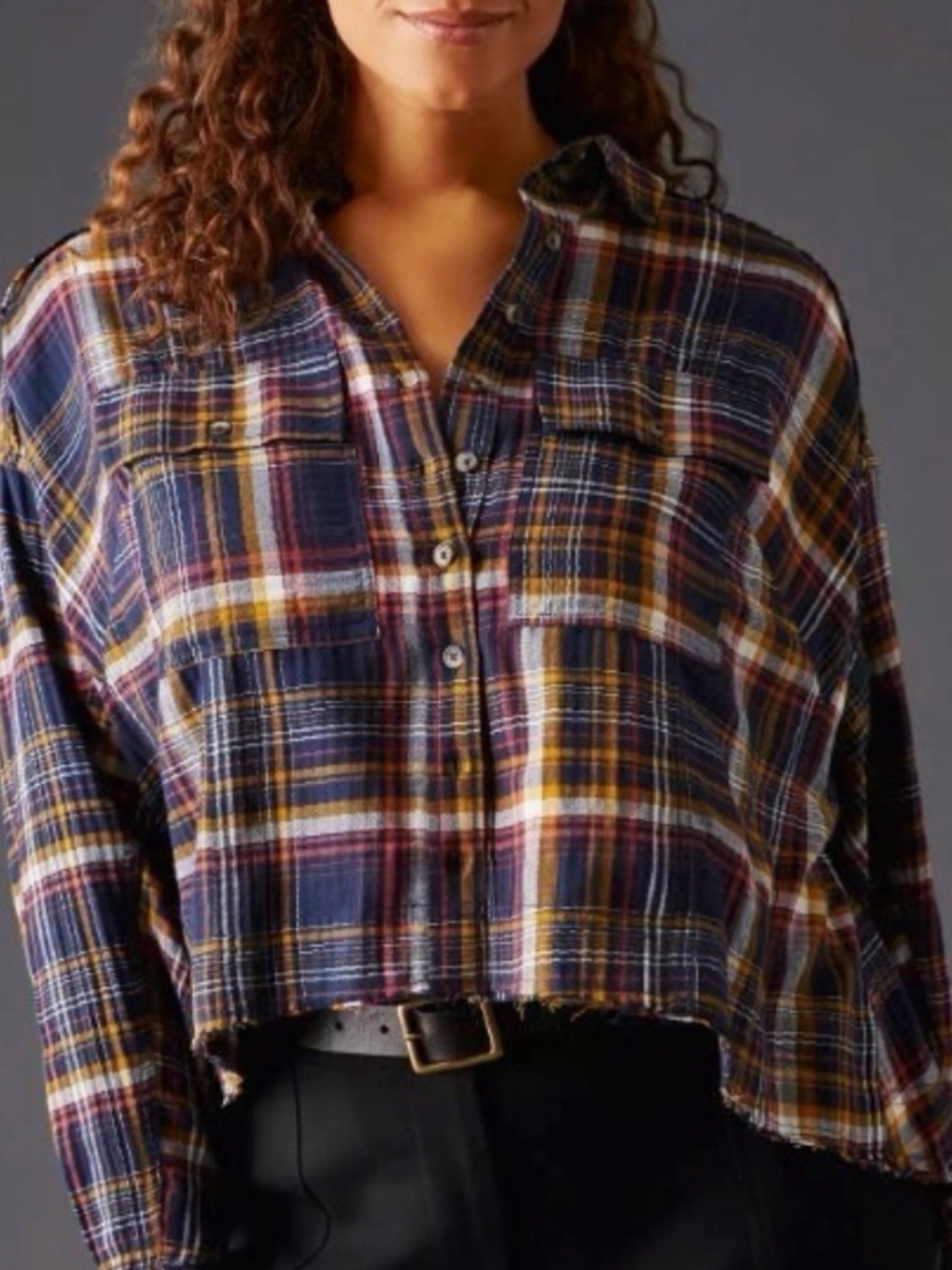 Anthropologie Pilcro Navy Women XS Cropped Overaized Plaid Distressed Shirt